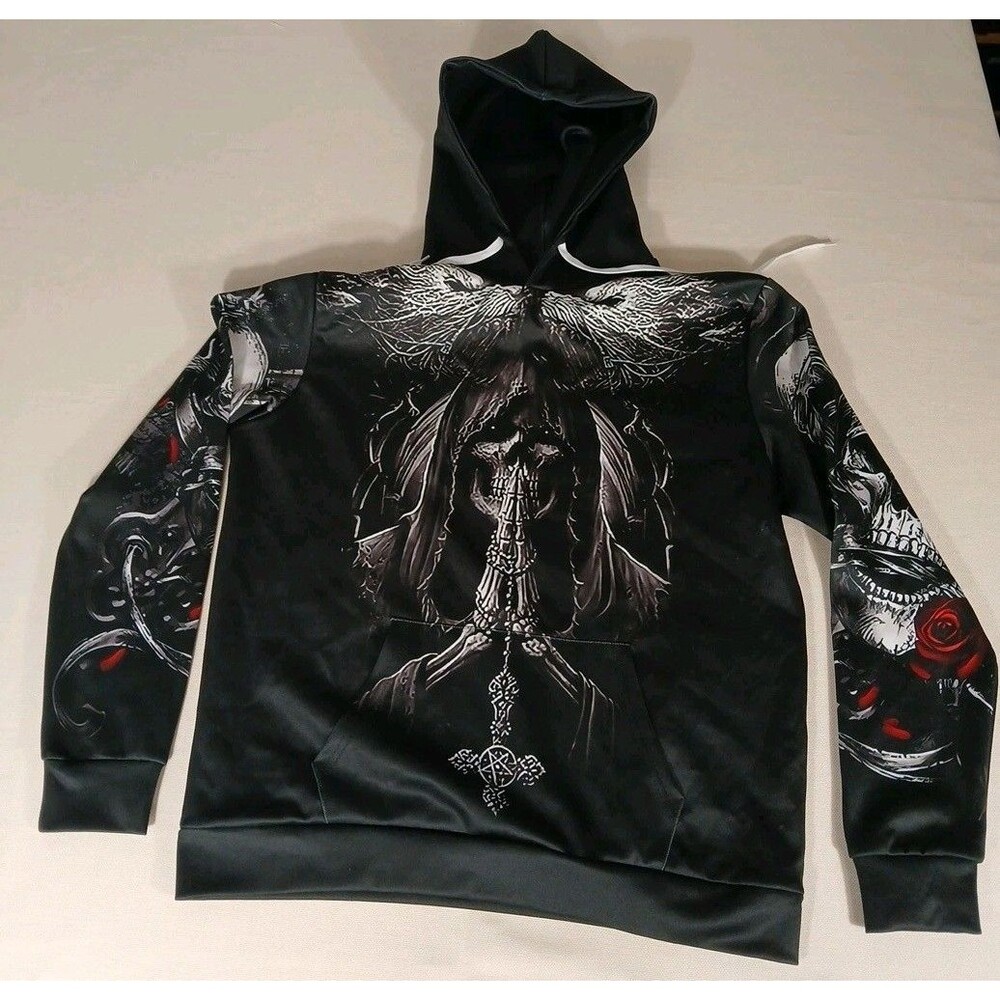 Mens Sz L Hooded Skulls Cross Roses OUKU New With Tag  Sick